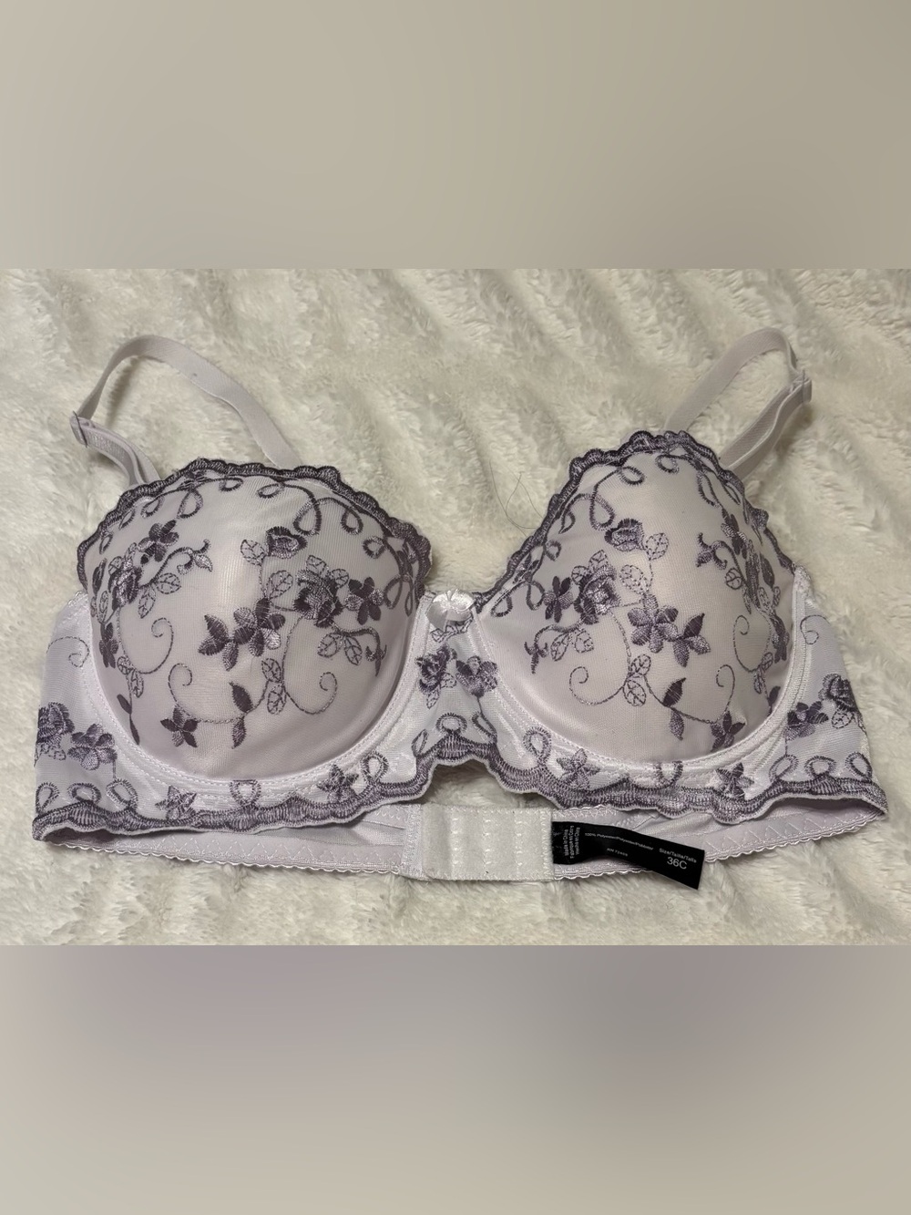 Lace-Embroidered White and Lavender/Gray Underwire Bra